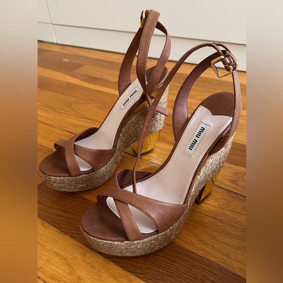 Miu Miu Tan and Gold Wedge Sandals - Picture 1 of 16